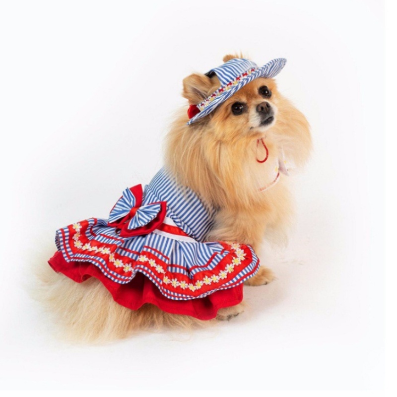 Nautical Style Striped Dog Dress with Matching Hat Pet Costume